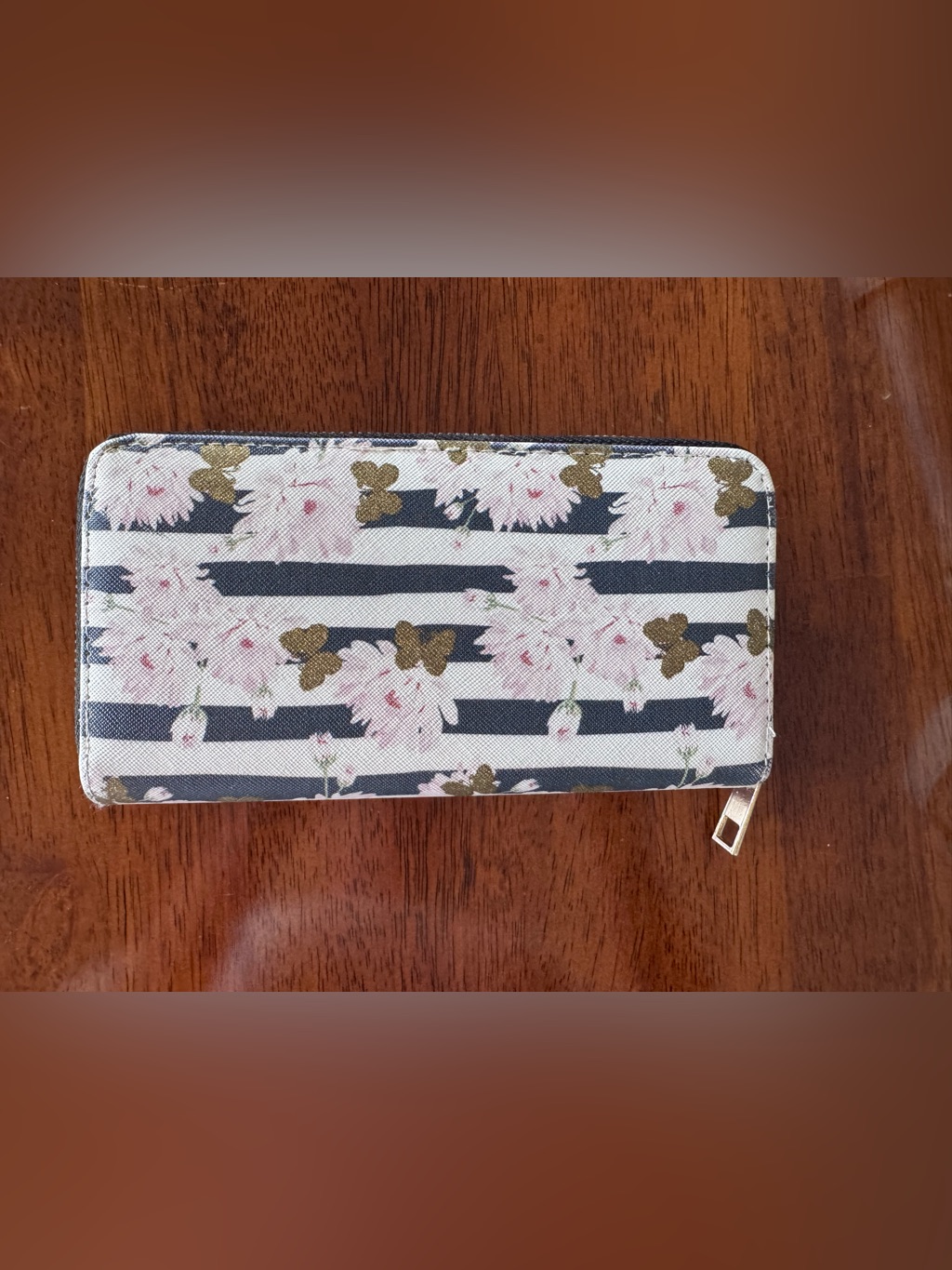 Striped Floral Wallet With Gold Butterflies